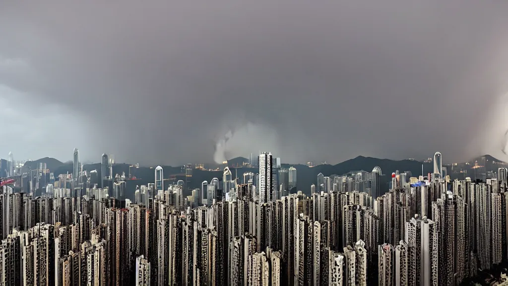 Image similar to a tornado ripping through the city of hong kong