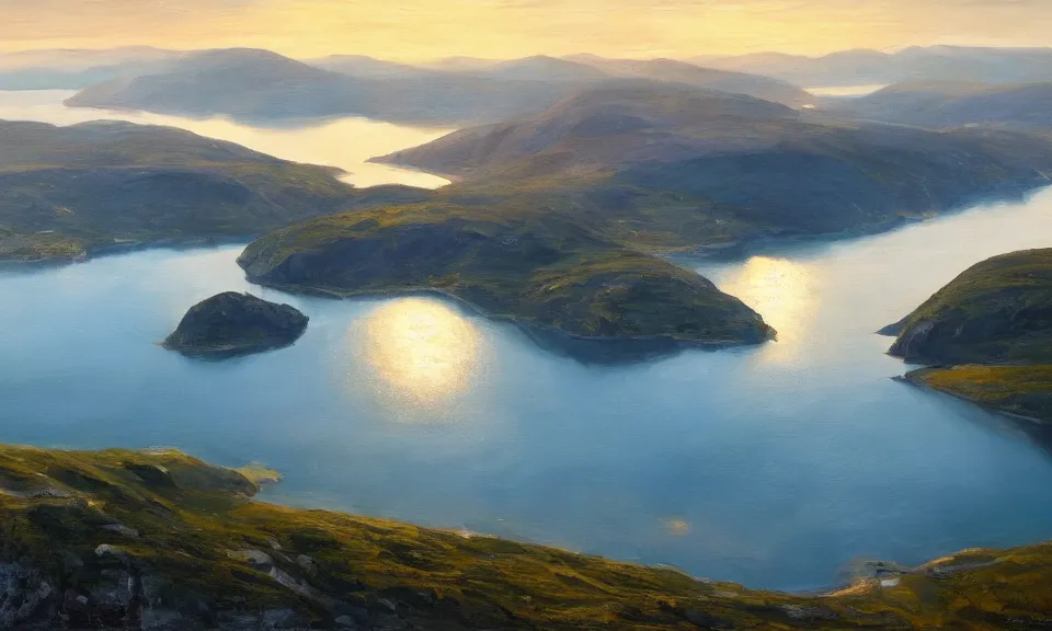 Image similar to nordic fjord, summer morning light, aerial view, beautiful landscape, cinematic light, soft illumination, cinematic composition, wide - angle, atmospheric, oil painting, trending on artstation