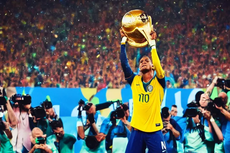 Prompt: neymar jr lifting the world cup, cinematic, dramatic, color grading, photojournalism, colorful, highly detailed
