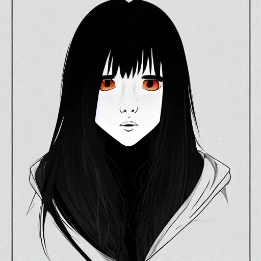 Image similar to portrait of a beautiful korean girl with very long hair and bangs, angular features, angry expression, wearing a black hoodie, in the style of studio trigger, extremely clean lines, anime and manga style, anime concept art