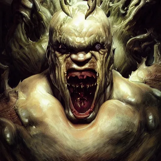 Image similar to Dark Fantasy Painting of a hulking muscular demonic flesh creature with drool dripping from its mouth, creepy, unsettling, horror, upper body, intricate, wild, highly detailed, digital painting, artstation, concept art, smooth, sharp focus, illustration, art by artgerm and greg rutkowski and alphonse mucha