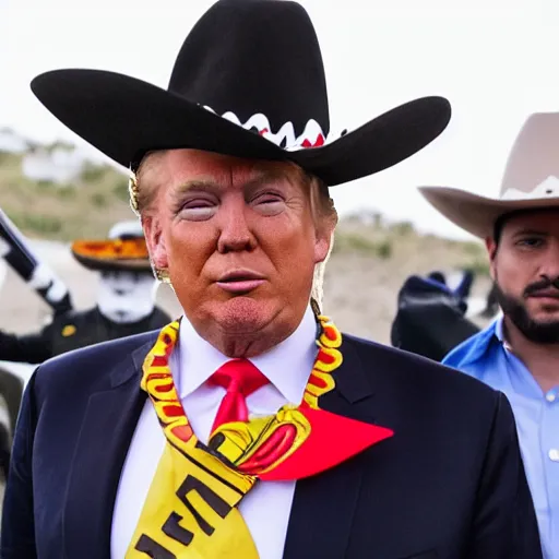 Prompt: donald trump dressed as a mariachi on the border with mexico