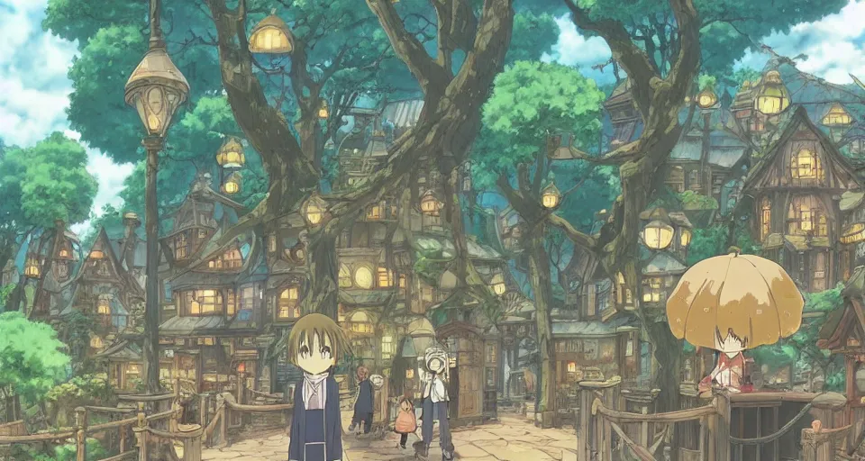 Prompt: Anime visual of a cozy steampunk village in a magical forest; cheerful and peaceful mood; illustrated by Hayao Miyazaki; anime production by Studio Ghibli; high quality; visually stunning; majestic; fall; official media