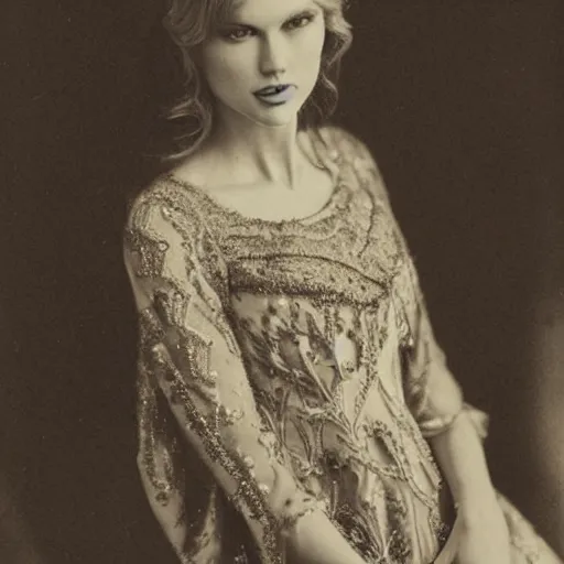 Image similar to daguerreotype of taylor swift wearing southern belle clothes, very detailed, very intricate,