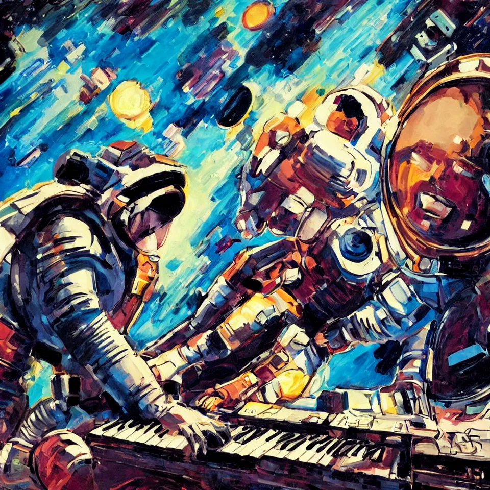 Image similar to portrait astronaut playing a keyboard by jack kirby, dynamic lighting, cinematic, epic composition, masterpiece