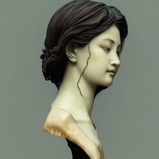 Prompt: beautiful lifelike award winning marble statue bust of iwakura lain trending on art station artgerm greg rutkowski alphonse mucha museum quality cinematic atmospheric