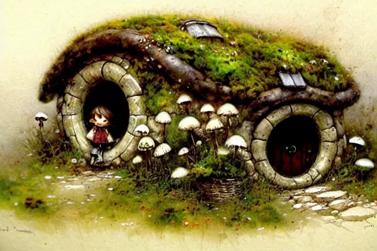 Image similar to (((((1950s flower moss and mushroom covered hobbit house . muted colors.))))) by Jean-Baptiste Monge !!!!!!!!!!!!!!!!!!!!!!!!!!!