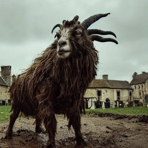 Prompt: horror, moody, still from film, daytime, muddy village square, wide shot, huge, roaring mutant goat monster, powerful, stumpy legs have human hands instead of hoofs, filthy jagged teeth in gaping mouth, matted dirty fur, in muddy medieval village square