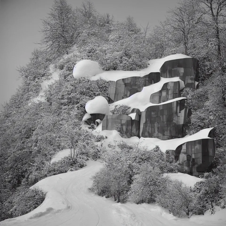 Image similar to a road leading to a mid-century modern house with large windows on top of a cliff in the arctic, covered with snow, designed by Frank Gehry. Big tiles. Film grain, cinematic, yellow hue