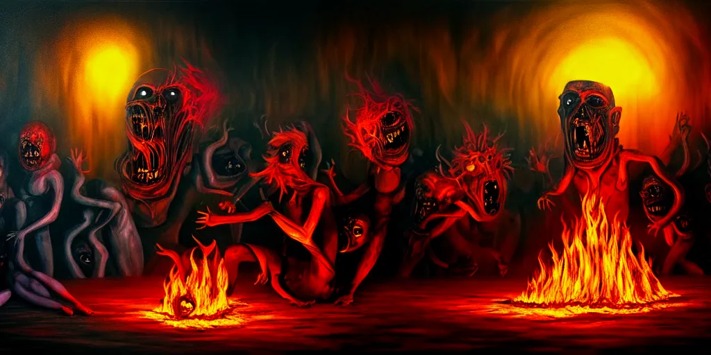 Image similar to repressed emotion creatures and monsters at the mouth of hell, dramatic lighting glow from giant fire, attempting to escape and start a revolution, in a dark surreal painting by ronny khalil