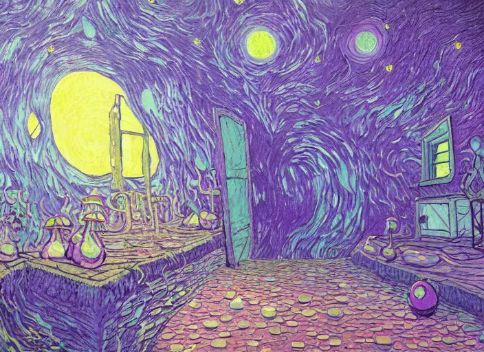 Image similar to detailed painting of a mysterious house inside a giant purple mushroom, mystical dark purple landscape at night, dark purple sky, blue bioluminescent life, in the style of moebius and studio ghibli and vincent van gogh and claude monet