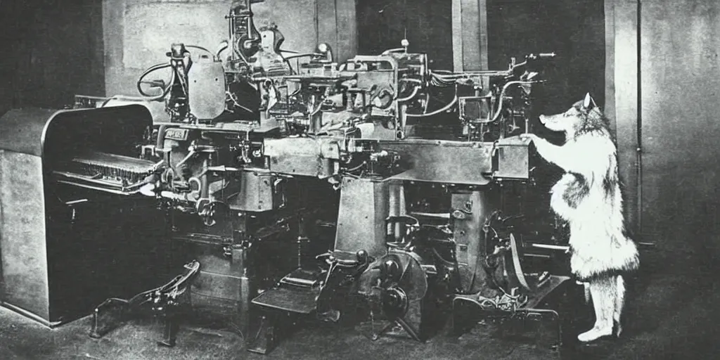 Image similar to anthropomorphic furry wolf controlling an obscure machine, 1900s photograph