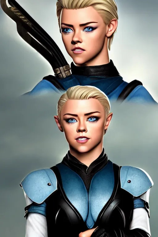 Prompt: character promo photograph. cute but dangerous female halfling thief. crooked, cocky smirk. slicked gelled back short butch hairstyle. paleblonde hair, fair complexion, icy blue eyes. face like amber heard, angular, feminine, pretty, mischievous. young ectomorphic fit. black leather tunic.