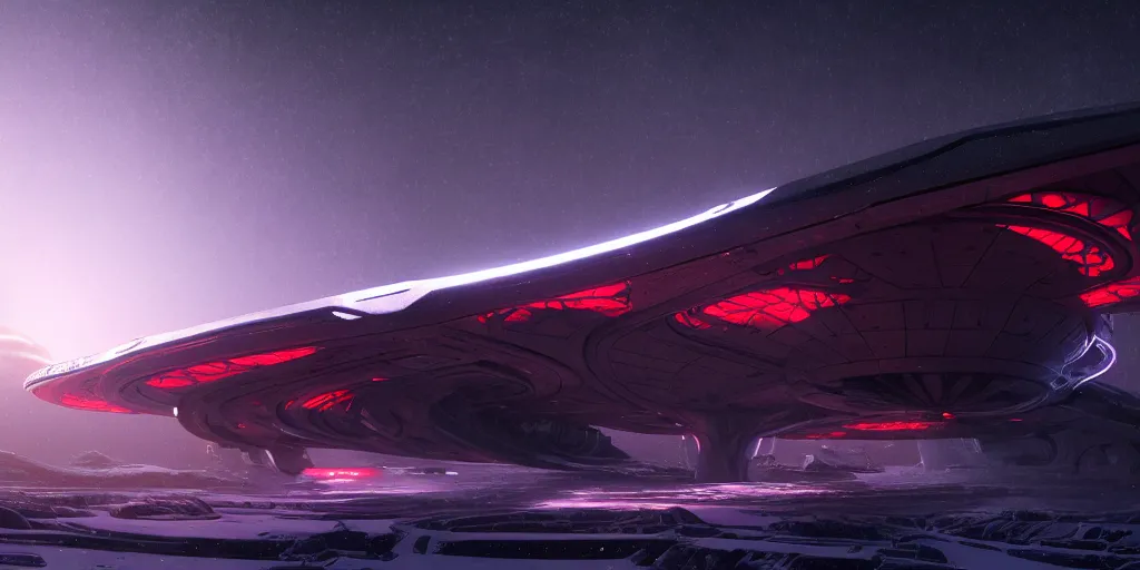 Image similar to futuristic space station in the snowy mountains 3 d concept art, red laser, cinematic lighting, intricate details, building by zaha hadid, pastel sunset, emissary space by arthur haas and bruce pennington and john schoenherr, cinematic matte painting, dark moody monochrome colors, trending on artstation, featured on behance