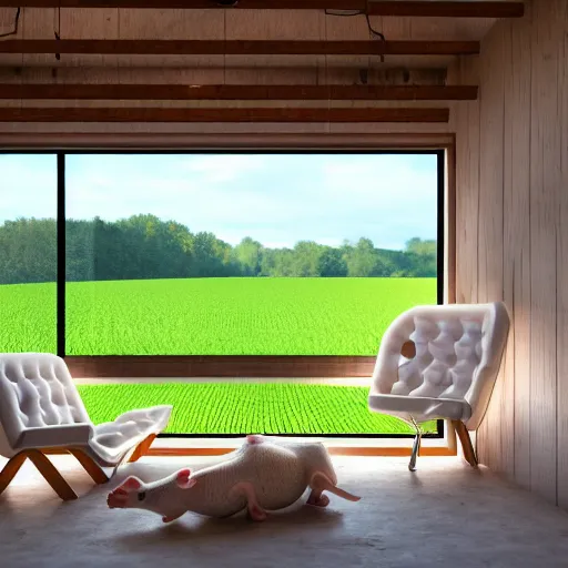 Image similar to interior view of modern futuristic farm barn architecture, cows laying down on sofas and pigs and chickens sitting in lounge chairs, modern interior design, throw pillows, areas rugs, feed troughs, hay, detailed luminescent oil painting 4 k