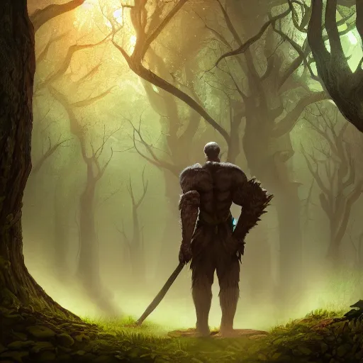 Image similar to a giant with extra heads on his shoulders, dnd in a dark forest, digital art, high quality render, artstation, 8 k, photograph quality, ultrahd, in the style of dungeons and dragons