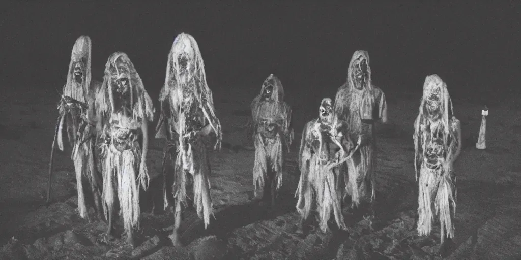 Prompt: creepy haunted Hawaiian native ghosts on a moon lit beach carrying torches, horror movie