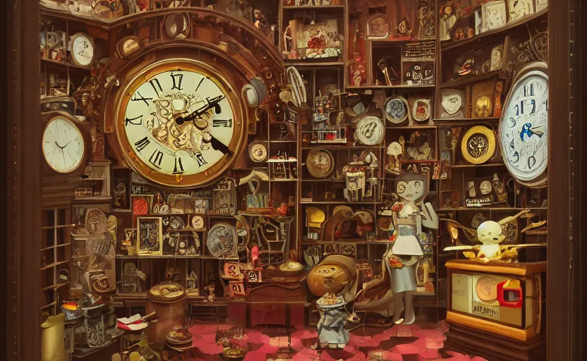 prompthunt: interior of a steampunk clock shop, father time, wooden  grandfather clocks everywhere, realistic, very intricate masterpiece by  arthur rackham