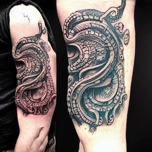 Image similar to a lovecraftian, old gods themed tattoo sleeve, covering a persons entire arm, intricate detail