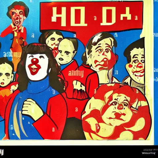 Image similar to communist clown painting soviet propaganda style in poster style portrait hungry children in the background