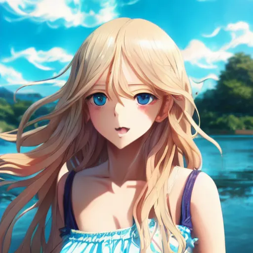 Image similar to a very beautiful anime girl, full body, long wavy blond hair, sky blue eyes, full round face, short smile, cute top, short jeans, summer lake setting, cinematic lightning, medium shot, mid-shot, highly detailed, trending on Artstation, Unreal Engine 4k, cinematic wallpaper by Stanley Artgerm Lau, WLOP, Rossdraws, James Jean, Andrei Riabovitchev, Marc Simonetti, and Sakimichan