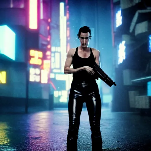 Prompt: jennifer connelly starring in a cyberpunk movie in a distopic futuristic city in the style of bladerunner, wearing a cropped black tank top, black boyshorts and black boots, firing a gun, muzzle flash, movie still, highly detailed, rainy night, volumetric lights, dramatic, scifi, sharp focus