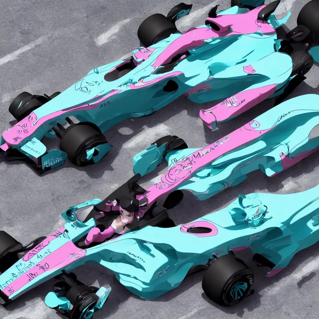 Image similar to hatsune miku driving an f 1 racecar photorealistic high resolution