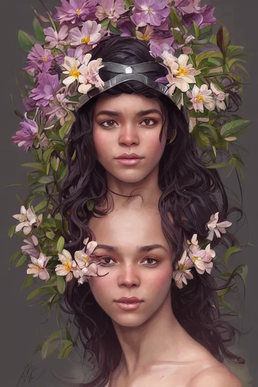 Prompt: ultra realistic illustration, a beautiful swahili girl with flowers blossoming from helmet, elegant, highly detailed, digital painting, concept art, smooth, sharp focus, illustration, art by artgerm and greg rutkowski and alphonse mucha