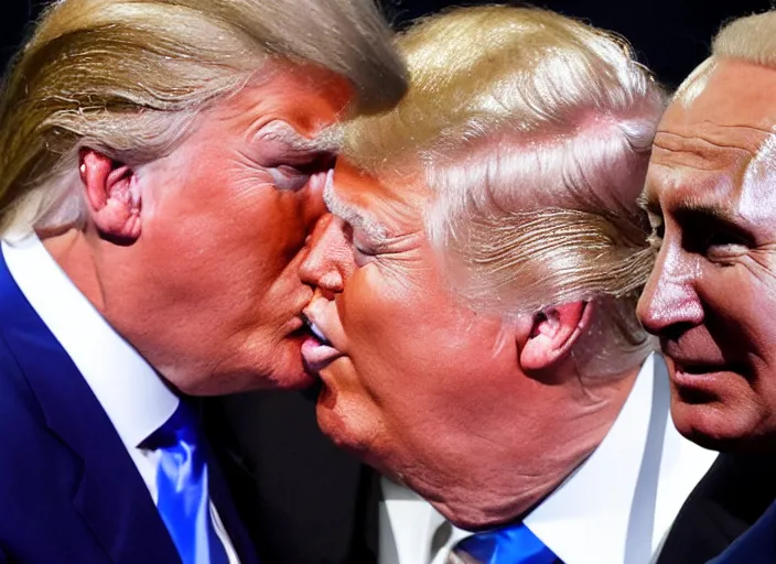 Image similar to a detailed photo of joe biden and donald trump kissing, putin laughing, 8 k
