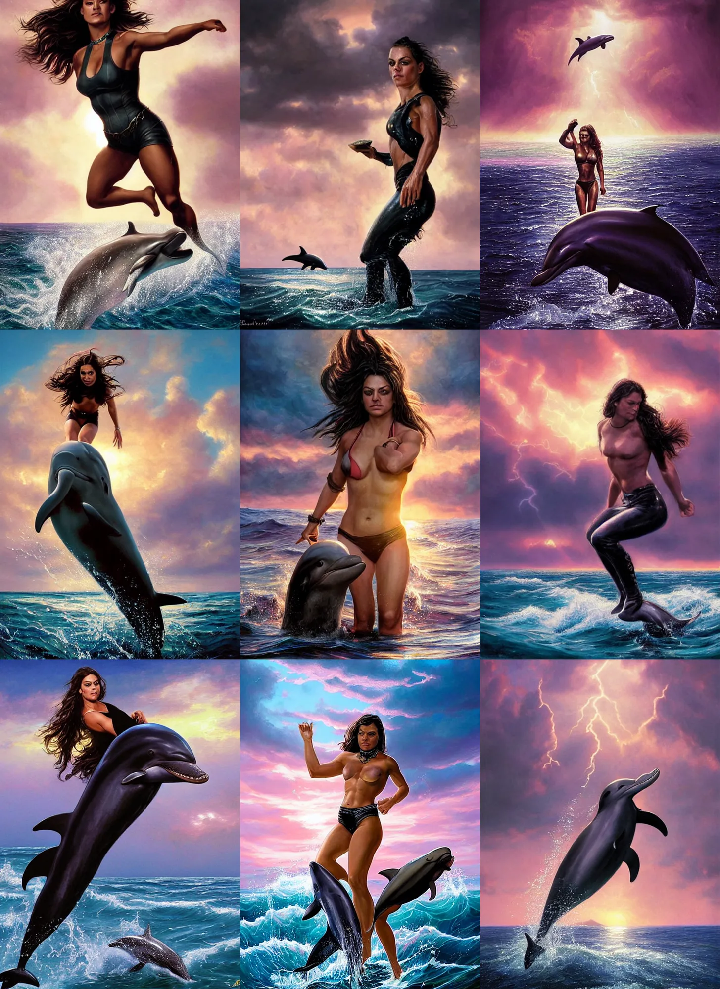 Prompt: epic portrait of six-pack muscled Mila Kunis wearing black choker riding a dolphin jumping from the water, sun rays across sky, pink golden hour, stormy coast, intricate, highly detailed, shallow depth of field, tentacles in the distance, epic vista, Ralph Horsley, Daniel F. Gerhartz, Artgerm, Boris Villajo, Lilia Alvarado