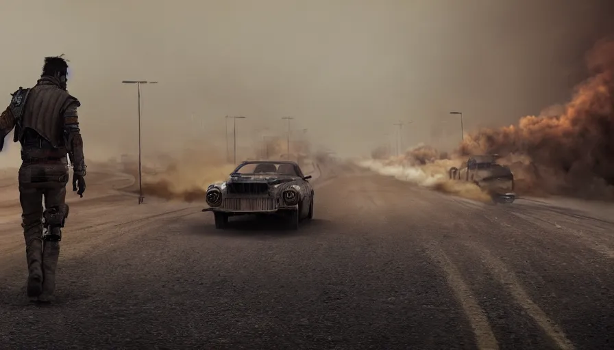 Image similar to man in jacket and shotgun crossing london's street in mad max, smoke bombs, sandstorm, sand dunes, hyperdetailed, artstation, cgsociety, 8 k