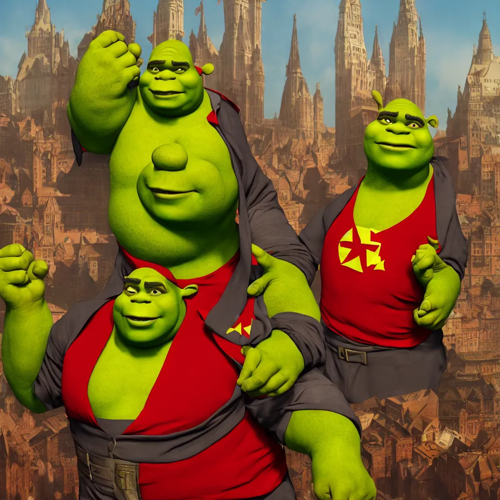 Prompt: one shrek posing as communist dictator, aesthetic, very detailed, 4 k, professional photography