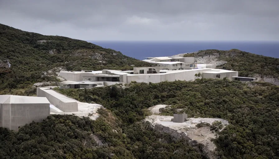 Image similar to big military base perched on a cliff overlooking a magnificient bay, drawing architecture, pritzker architecture prize, greig fraser