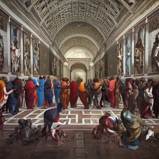 Image similar to the school of athens in cyberpunk style, iconic paiting, concept art, art, hyper detailed, intricate, 8 k, illustration