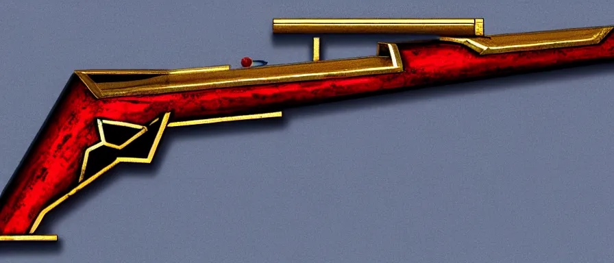 Image similar to a magical shotgun made from glossy red - painted wood and elements of gold metalwork, antique, sawed - off, double - barreled, glowing with blue elertcicity, video game concept art