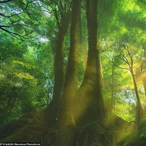 Prompt: An incredibly diverse forest, the light shoots through the trees from the sun, a walking path through the side, in the style of studio ghibli