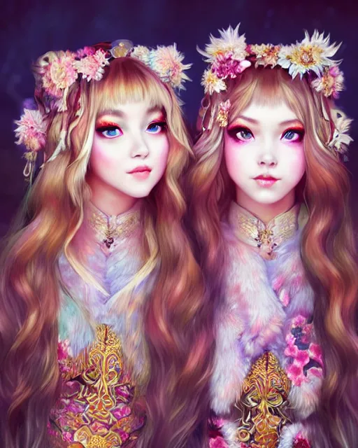 Image similar to two beautiful fashion siberian girls wear fantasy kimono in festival | | big eyes, sunny, dreamlike art, realistic shaded, smile, good looking, hyper details, 4 k realistic, cryengine, realistic shaded lighting poster by artgerm, ross tran, fuji choko, loish, 8 k resolution, trending on artstation, luxury