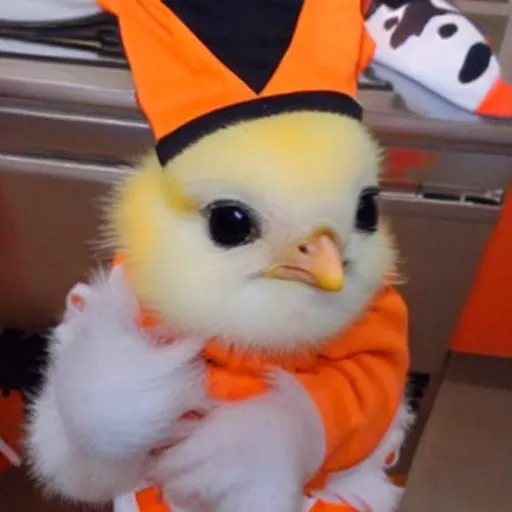 Image similar to cute baby chick dressed as an inmate