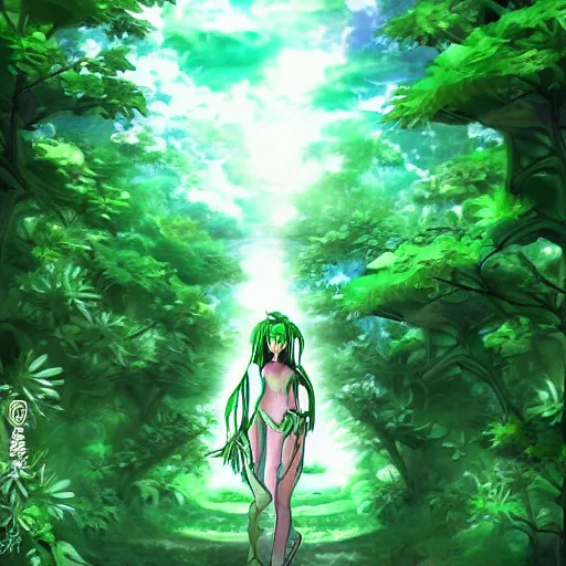 Image similar to A Green Anime person Being curios to plants, Digital art, Anime style, Cinematic, Epic.