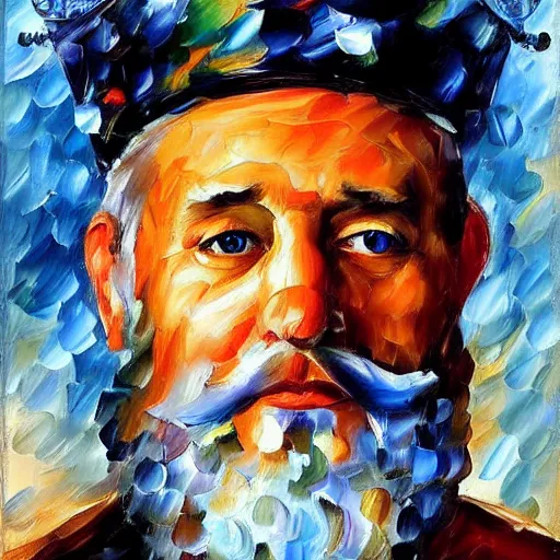 Image similar to portrait of a very very old, olive skinned king witha very long white beard and blue crown by leonid afremov