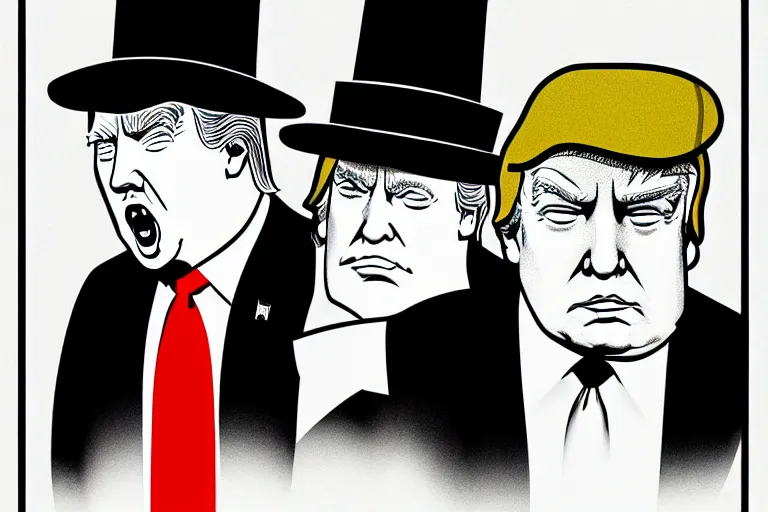 Prompt: poster matte shaded illustration of donald trump and donald trump wearing trench coats and big black hats starring in spy vs spy