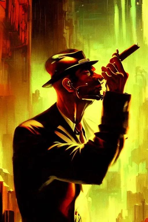 Image similar to A mafia boss lighting a cigar in a cyberpunk setting, by Frank Frazetta, dramatic lighting, high contrast colours, as trending on Artstation, highly detailed,