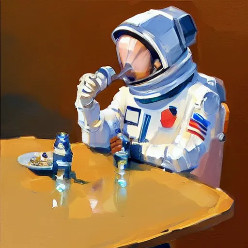 Image similar to a giraffe dressed like an astronaut drinking tea with queen isabel, trending on artstation, art by greg manchess, guangjian, detailed digital art, artstation hd