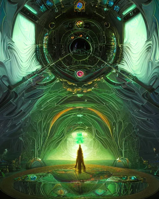 Image similar to a quantum computer, geometric crystal wiring, emerald circuits, highly advanced technology surrounded by a dark cabal of multiple hooded elven mystics in long dark robes gathered in a circular formation, dan seagrave art, michael whelan, artstation, cgsociety