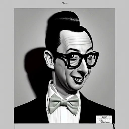 Image similar to Portrait of pee-wee herman, black hair, highly detailed, digital painting, artstation, concept art, illustration, art by syd mead and hajime sorayama