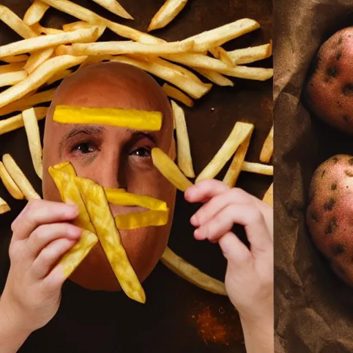 Prompt: A bald middle aged man in a potato costume crying in a bonfire while eating french fries, beside an evil stick of butter, high detail,