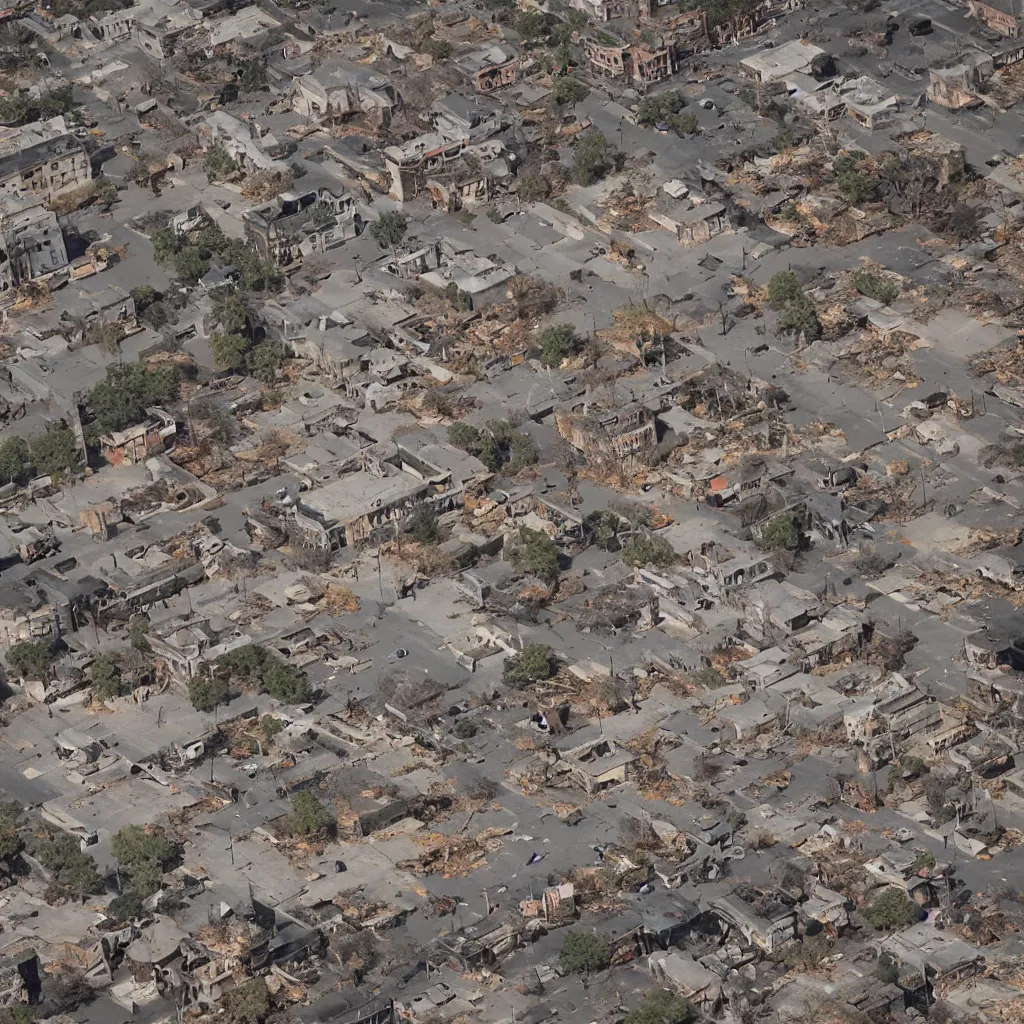 Prompt: top down aerial view of dilapidated city square in real life, desolate with zombies, dilapidated, zombies in the streets, nightmarish, some rusted style parked vehicles, sunny weather, few clouds, volumetric lighting, photorealistic, daytime, autumn, sharp focus, ultra detailed, cgsociety