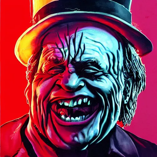 Image similar to danny devito is freddy kruger nightmare on elm street always sunny in philledelphia silloute night dark synth fog spooky red neon slasher movie poster high detail