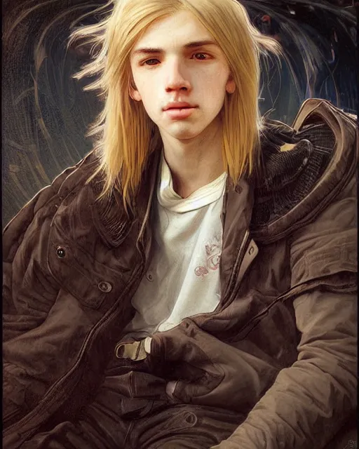 Image similar to portrait of 1 5 - year - old boy with blonde hair, round - face, with long toothed,, hyper realistic face, beautiful eyes, close up, fantasy art, in the style of greg rutkowski, intricate, alphonse mucha, hyper detailed, smooth