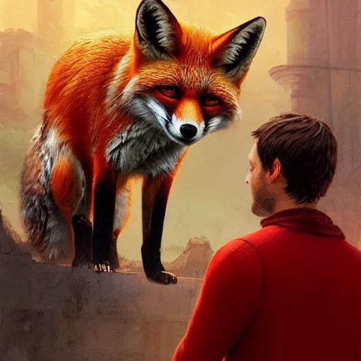 Image similar to tobey maguire and a red fox, intricate, highly detailed, digital painting, artstation, concept art, smooth, sharp focus, illustration, unreal engine 5, 8 k, art by artgerm and greg rutkowski and alphonse mucha
